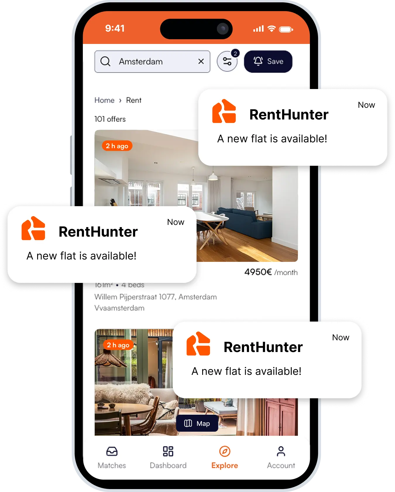 RentHunter app preview showing rental listings and notifications