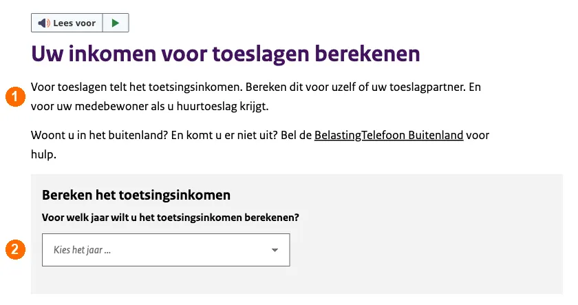 The Belastingdienst page Uw inkomen voor toeslagen berekenen, explaining that a co-resident's income also counts for rent allowance, with the year selector