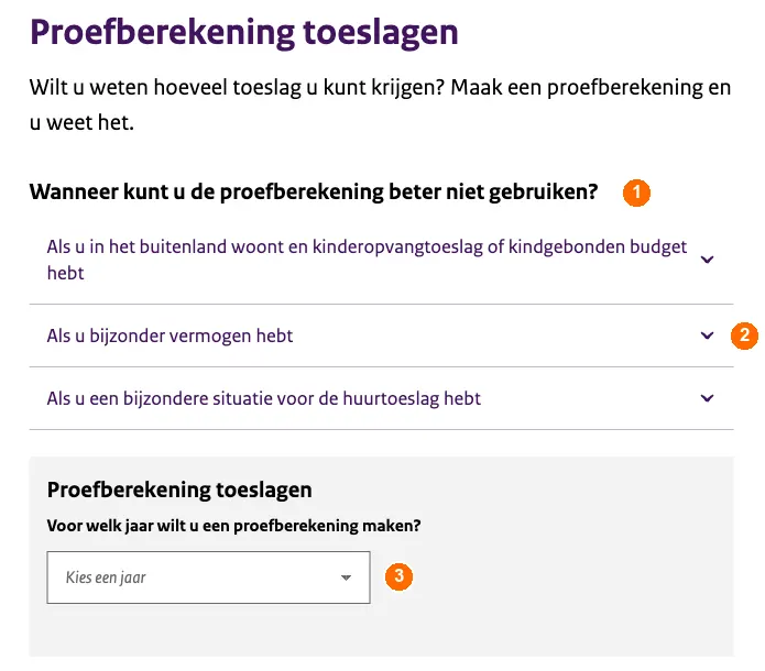 Startpagina van de proefberekening toeslagen van de Belastingdienst, met de uitleg wanneer je hem beter niet gebruikt en de keuze voor het jaar