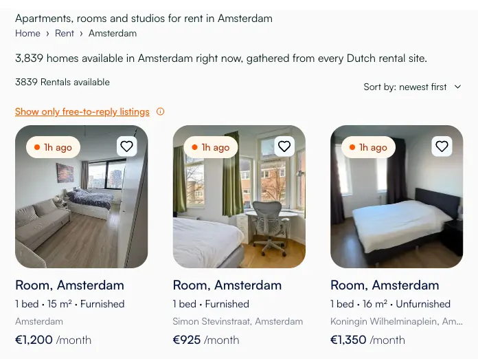 Pagina degli annunci RentHunter per Amsterdam ordinata dai più recenti, con stanze pubblicate 1 ora fa, superficie, via e affitto mensile
