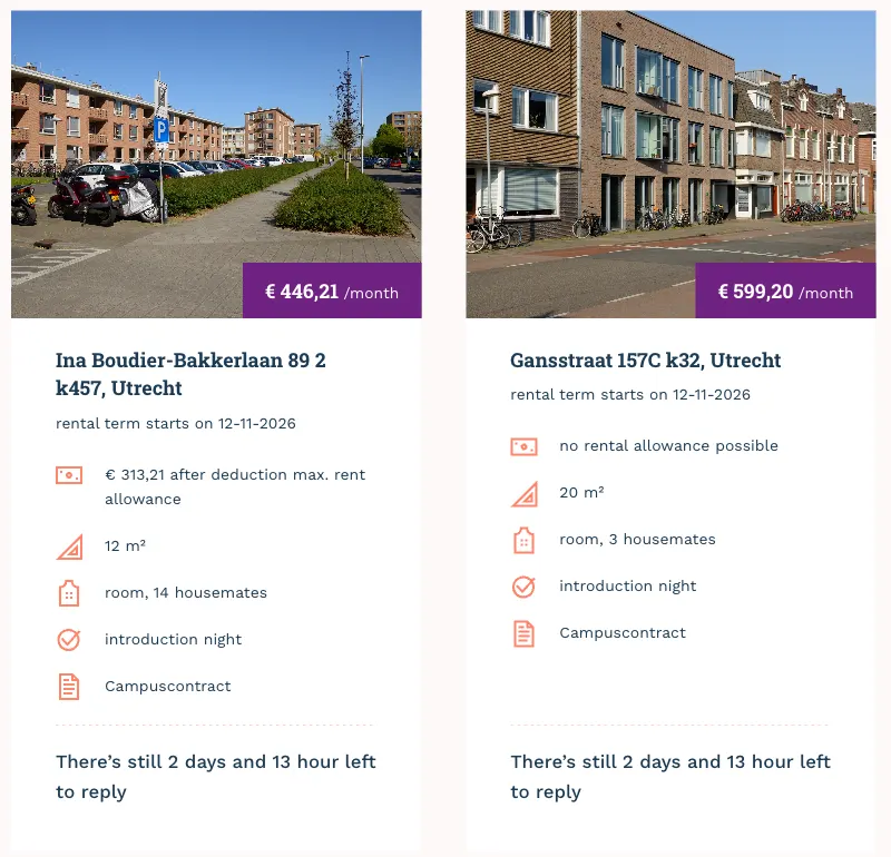 Two SSH Long Stay listings in Utrecht on 15 October 2026: a 12 m² room at €446.21 a month in a house with 14 housemates, and a 20 m² room at €599.20 with 3 housemates, both allocated by introduction night