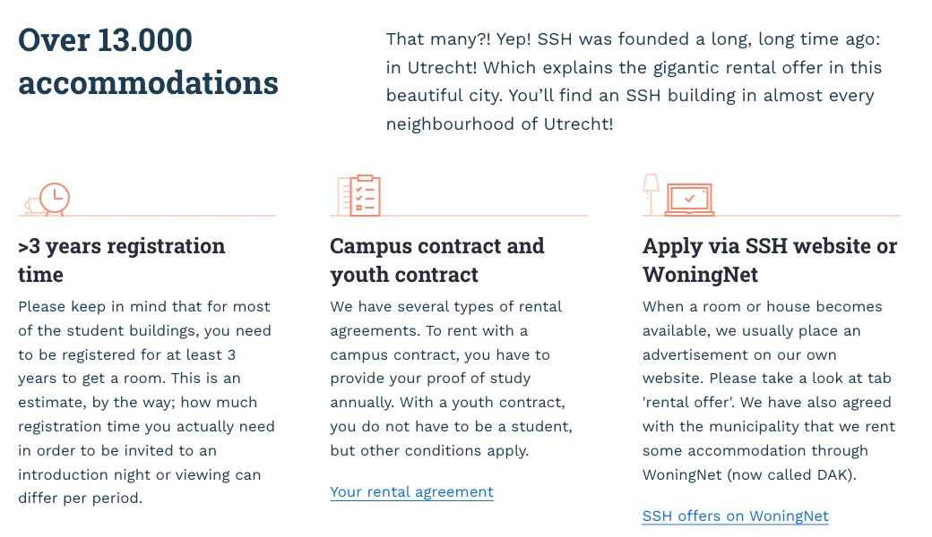 SSH's Utrecht page on 15 October 2026, saying most student buildings need at least 3 years of registration time and that SSH rents over 13,000 homes in the city