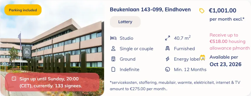 Holland2Stay lottery listing for a 40.7 m² furnished studio on Beukenlaan in Eindhoven, €1,001 a month excluding €275 in service costs, with 133 people signed up