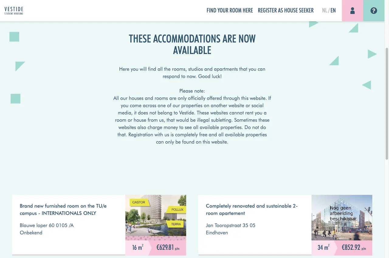 Vestide's list of available accommodation on 14 October 2026, with a furnished room on the TU/e campus marked internationals only at €629.81 a month and a two-room apartment at €852.92