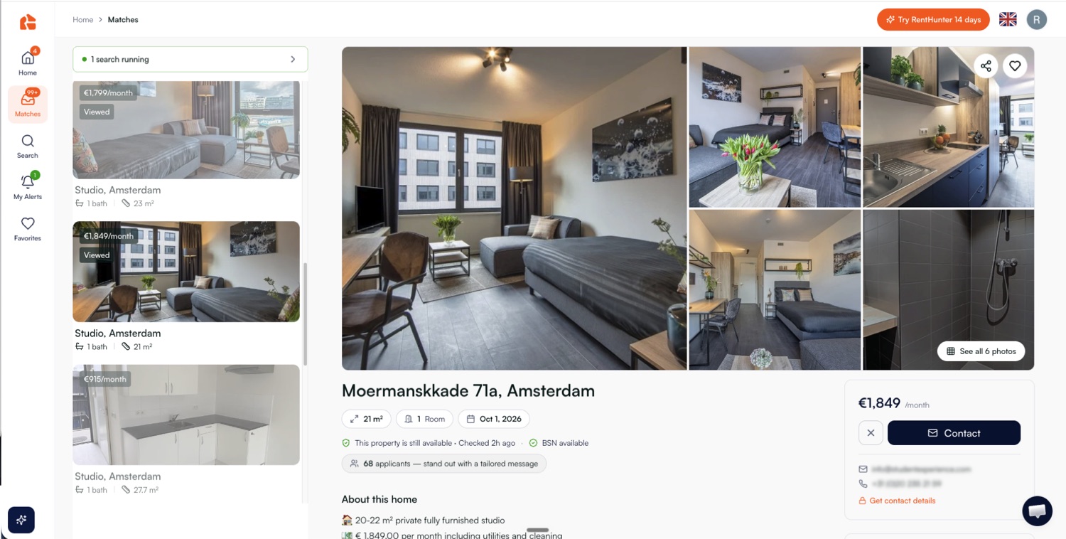 The RentHunter Matches page: a running search on the left with its latest matches, and the selected home on the right with its photos, its availability check and the number of applicants